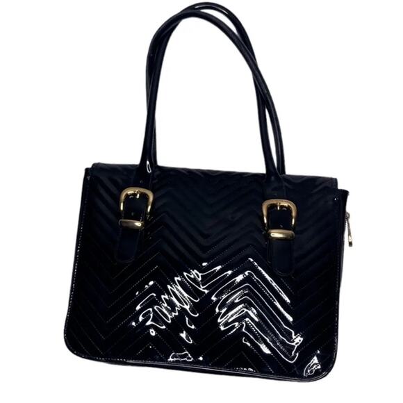 Ted Baker London Black Patent PVC Quilted Gold Logo Zip Buckle Agathis Bag Purse - Picture 2 of 11